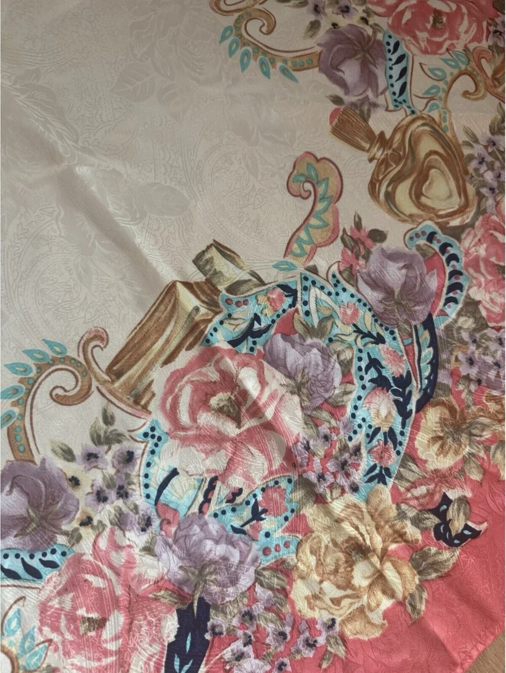 Ornate Perfume Bottle Flower Pattern Large Square Scarf Coral Cream 35x35